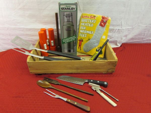 NEW IN BOX VINTAGE ALADDIN STANLEY STEEL THERMOS,  NEVER USED BATTERY HEATED SOCKS & MORE