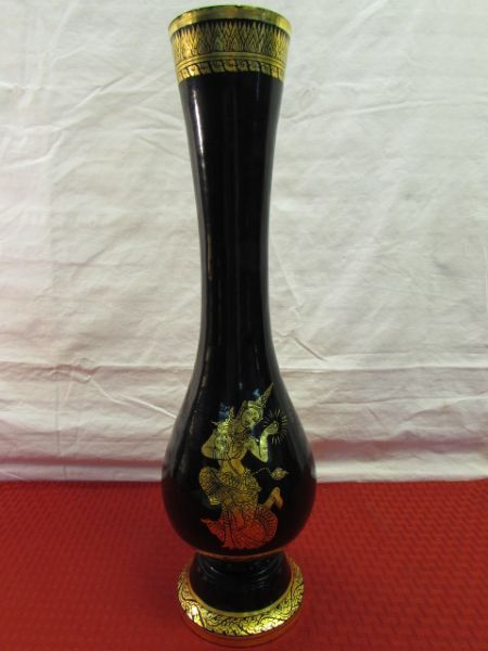 GORGEOUS TRADITIONAL BLACK LAQUER & GOLD HAND PAINTED WOODEN VASE & PLATE PLUS . . . .
