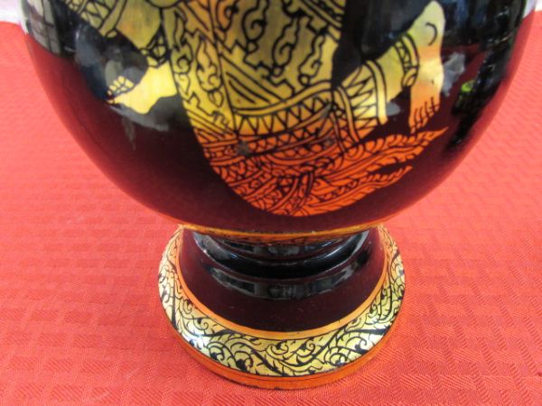 GORGEOUS TRADITIONAL BLACK LAQUER & GOLD HAND PAINTED WOODEN VASE & PLATE PLUS . . . .
