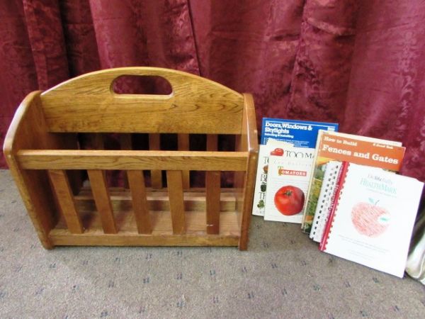 OAK MAGAZINE RACK WITH ILLUSTRATED SUNSET & ORTHO HOME AND GARDEN BOOKS