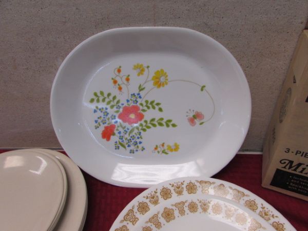 CORELLE DISHES & NEVER USED STAINLESS MIXING BOWLS