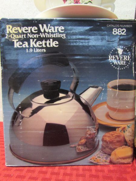 TIME FOR TEA!  NEW ENGLAND MANTEL CLOCK, REVERE WARE TEA KETTLE, CHINA CUPS, SAUCERS & MORE