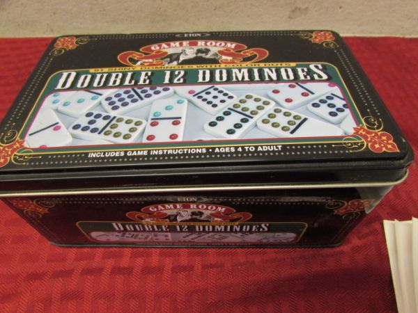 NIB SET OF GAME ROOM DOUBLE 12 DOMINOES IN TIN STORAGE BOX