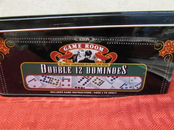 NIB SET OF GAME ROOM DOUBLE 12 DOMINOES IN TIN STORAGE BOX