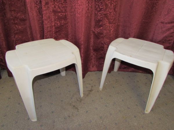 METAL STEP STOOL & 2 PATIO END TABLES/FOOT STOOLS