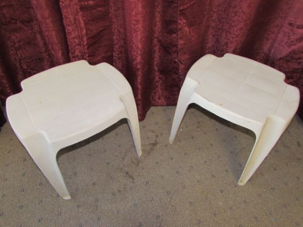 METAL STEP STOOL & 2 PATIO END TABLES/FOOT STOOLS