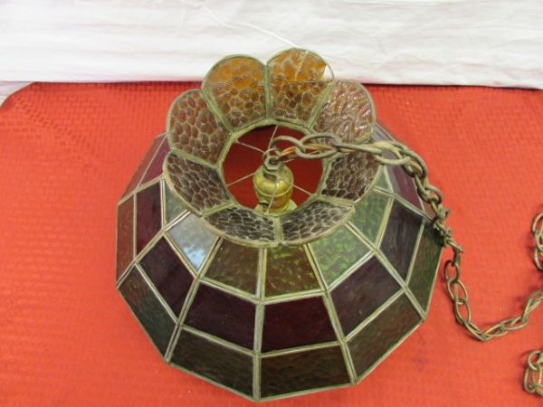 VINTAGE STAINED GLASS HANGING SWAG LAMP