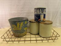 RUSTIC VINTAGE ALL DETERGENT BUCKET, 3 CANNISTERS & LARGE WIRE BASKET 