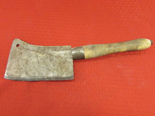 VINTAGE/ANTIQUE CLEAVER WITH CARVED WOOD HANDLE