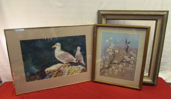 ORIGINAL SIGNED WATERCOLOR, ASIAN PRINT & A VERY NICE DIMENSIONAL FRAME