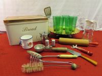 VINTAGE COLLECTIBLE  BREAD CANISTER,D ROLLING PIN,  LOG CABIN SYRUP PITCHER & LOTS MORE, 