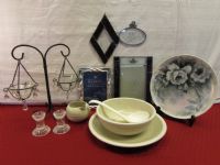 SERVING BOWL & PLATTER WITH LADLE, SILVER PLATE FRAME, STAINED GLASS SUN CATCHERS & . . . .