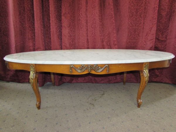 EXQUISITE ANTIQUE CARVED WOOD COFFEE TABLE WITH MARBLE TOP