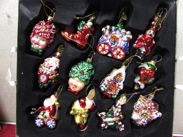 MARK KLAUS 24 PIECE BLOWN GLASS CHRISTMAS ORNAMENTS IN WOODEN CRATE  LIMITED EDITION,