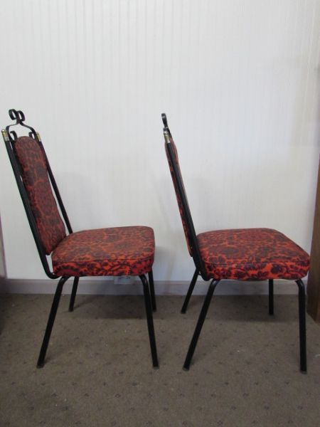 SET OF 6 MID-CENTURY VIRTUE BROS. METAL CHAIRS WITH RED & BLACK FLORAL DESIGN  & VINYL UPHOLSTERY