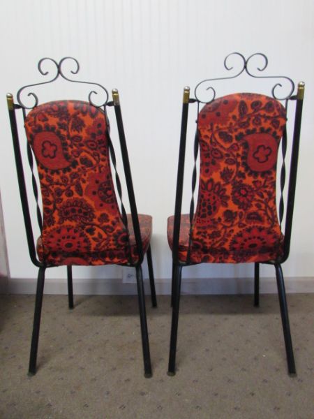 SET OF 6 MID-CENTURY VIRTUE BROS. METAL CHAIRS WITH RED & BLACK FLORAL DESIGN  & VINYL UPHOLSTERY