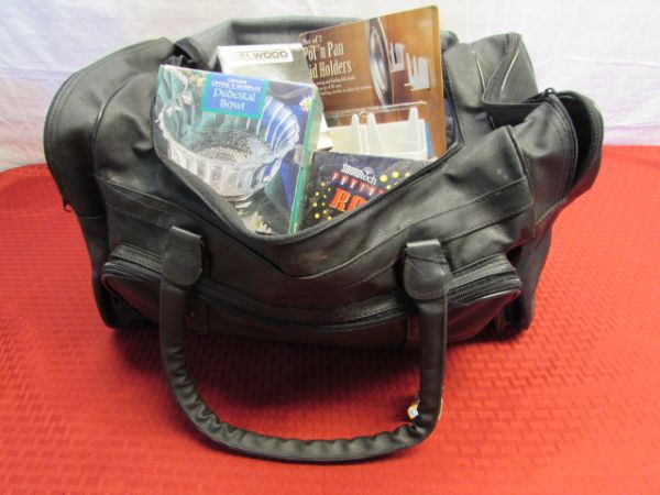 DUFFLE BAG LOADED WITH NEW ITEMS - KITCHEN THINGS, GROOMING, OFFICE & MORE