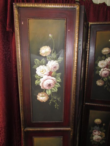GORGEOUS HANDPAINTED FLORAL 4 SECTION WOOD ROOM DIVIDER/FOLDING SCREEN