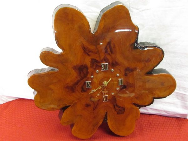BEAUTIFUL VINTAGE LACQUERED BURL WOOD WALL CLOCK
