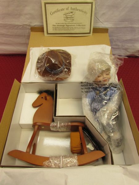 HERITAGE SIGNATURE COLLECTION PORCELAIN DOLL - TEX ON HIS ROCKING HORSE - NIB