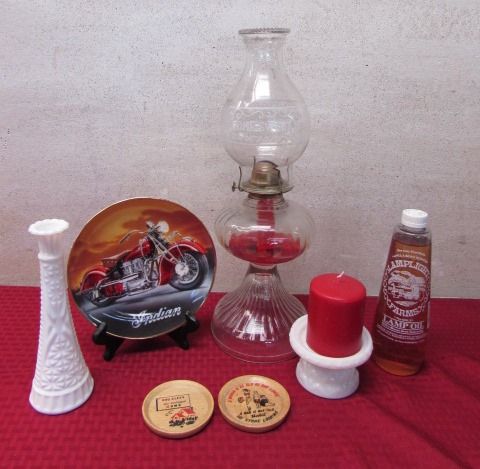 HARLEY INDIAN BIKE PLATE, TALL VINTAGE HURRICANE LAMP & OIL, FUNNY WOODEN COASTERS & MORE