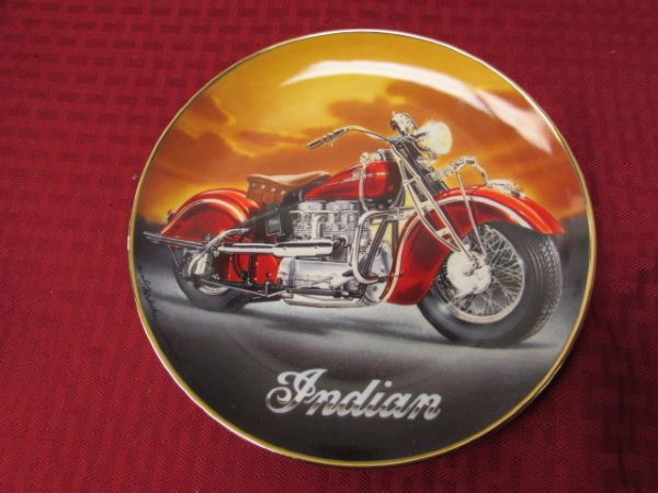 HARLEY INDIAN BIKE PLATE, TALL VINTAGE HURRICANE LAMP & OIL, FUNNY WOODEN COASTERS & MORE