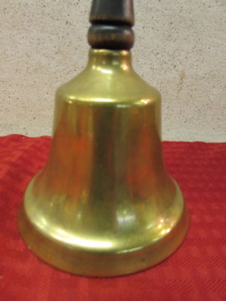 VINTAGE BRASS SCHOOL BELL WITH WOODEN HANDLE