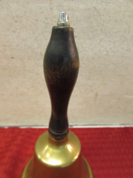 VINTAGE BRASS SCHOOL BELL WITH WOODEN HANDLE