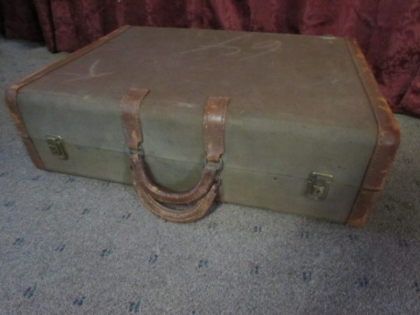 VINTAGE SUITCASE WITH DRESS, FEATHER HAT, 22K ELECTROPLATE JEWELRY, & NIGHTIES