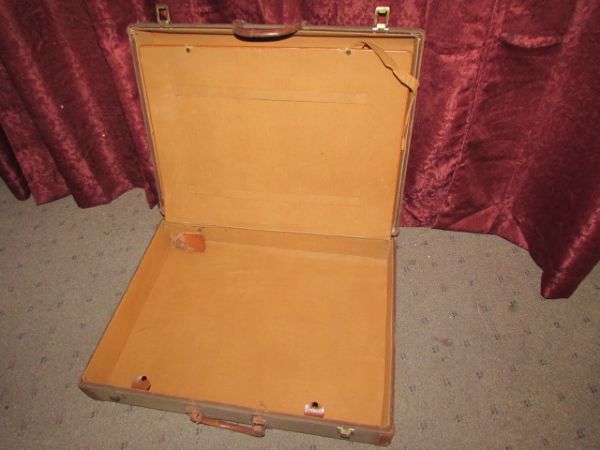 VINTAGE SUITCASE WITH DRESS, FEATHER HAT, 22K ELECTROPLATE JEWELRY, & NIGHTIES