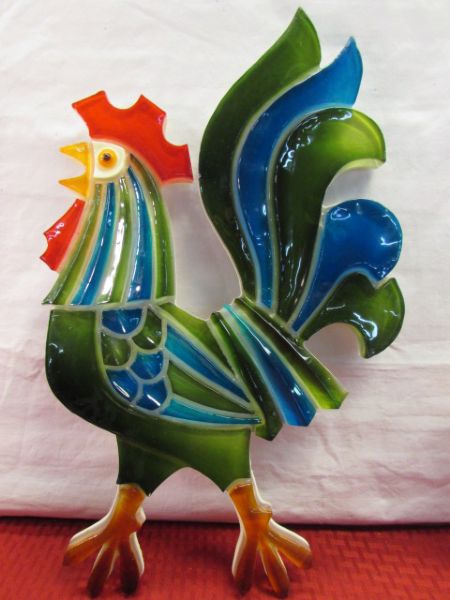 FABULOUS VINTAGE RESIN ROOSTER, PEDESTAL DISH, COLORFUL GLASSES & . . .