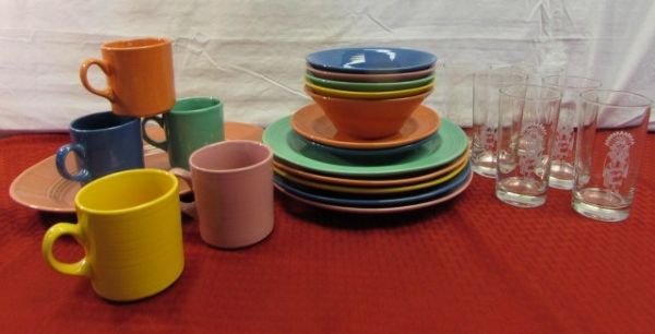 SPRUCE UP YOUR TABLE! COLORFUL LYNN'S STONEWARE DISHES & ETCHED WATER GLASSES