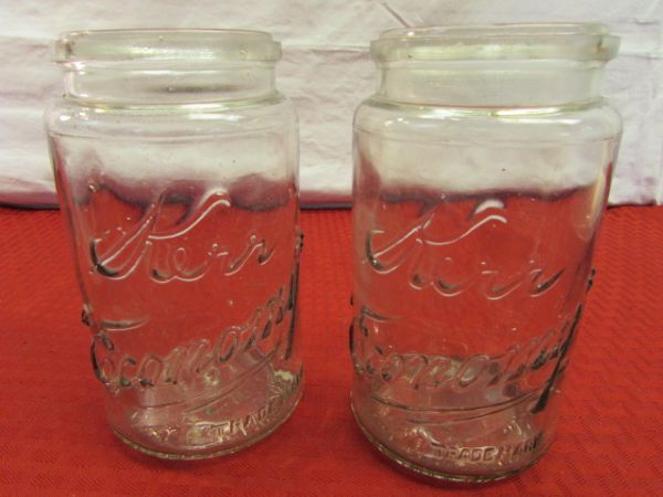 OLD GLASS INCLUDES 2 ANTIQUE KERR JARS, GOLD PAN & MORE