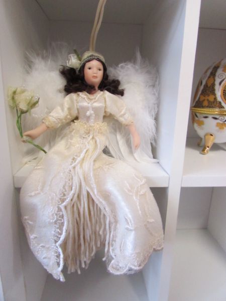DOLL HOUSE CURIO WITH FABERGE STYLE EGG AND ANGEL FIGURINE