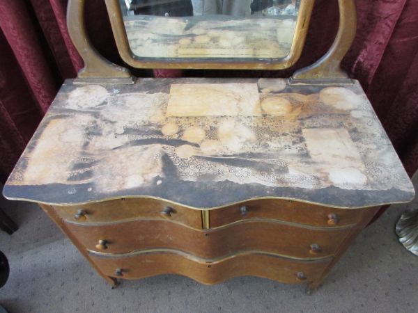 BEAUTIFUL ANTIQUE BIRDS EYE MAPLE BOW FRONT DRESSER WITH BEVELED MIRROR.