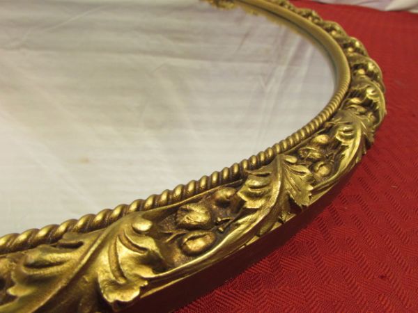 ELEGANT VINTAGE ROUND MIRROR WITH BEAUTIFUL GOLD GILT  FLORAL & ROPE FRAME