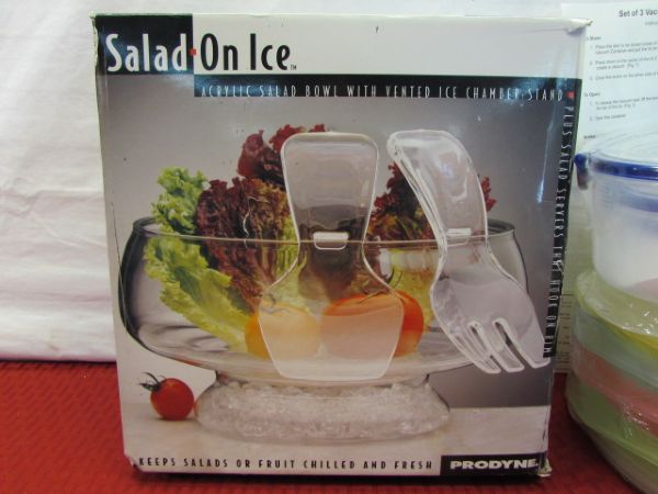 KITCHEN STORAGE!  VACUUM SEAL, MICROWAVE SAFE & MORE PLUS SALAD ON ICE & MAGIC KNIFE - NEW