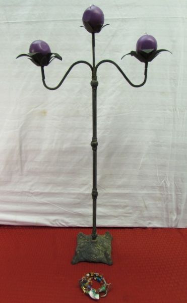 TALL WROUGHT IRON TRIPLE  CANDLE STAND & COLORFUL BEADED KEY CHAIN
