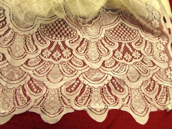 SEVEN ELEGANT IVORY LACE CURTAINS WITH ATTACHED VALANCE & TWO CUTE ACCENT PIECES