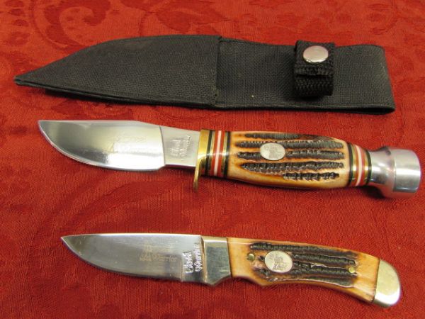 TWO STEEL WARRIOR 440 STAINLESS KNIVES WITH BONE & BRASS HANDLES