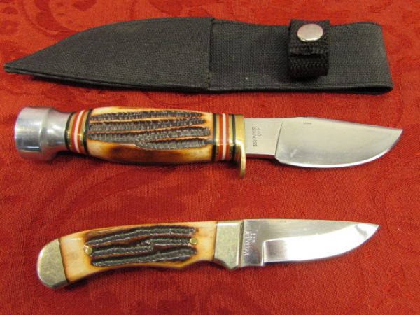 TWO STEEL WARRIOR 440 STAINLESS KNIVES WITH BONE & BRASS HANDLES