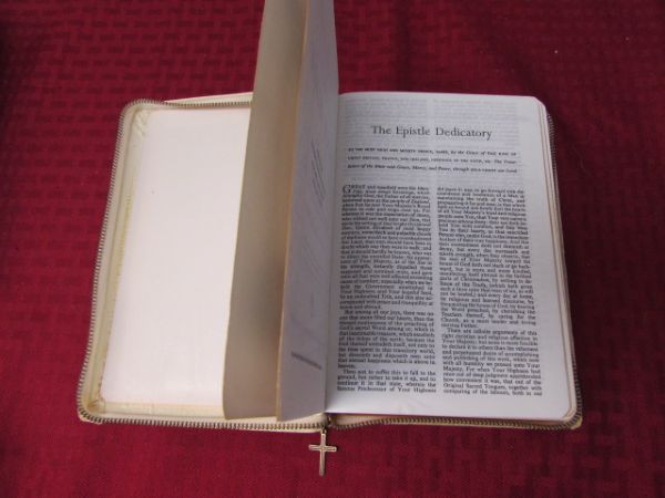 SOFT COVER BOOK CASE WITH MARKER & VINTAGE BIBLES.