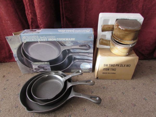 THREE PIECE CAST IRON SKILLET SET & STONE WAVE MICROWAVE COOKER,  BOTH NEW
