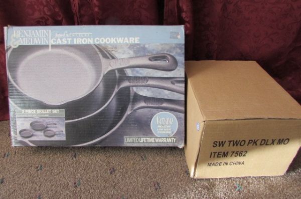 THREE PIECE CAST IRON SKILLET SET & STONE WAVE MICROWAVE COOKER,  BOTH NEW