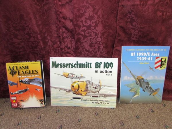 J.S.I. ULTIMATE ADOLF GALLAND MESSERSCHMITT BF 109 GERMAN FIGHTER, PLASTIC MODEL AIRPLANE W/ DVD SET & ILLUSTRATED BOOKS