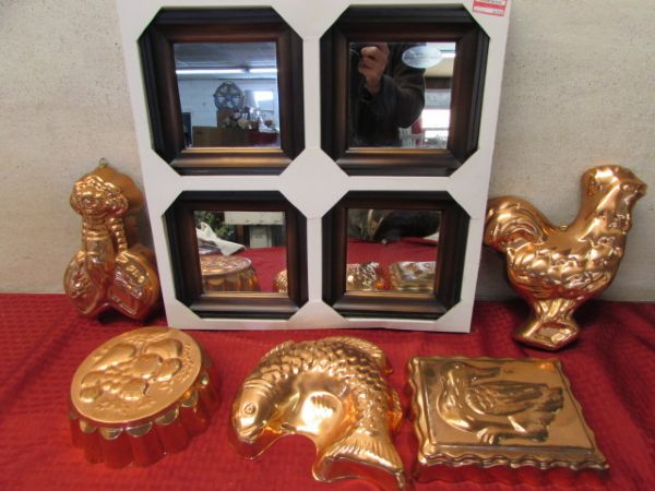 COPPER ANIMAL MOLDS WITH NEW IN BOX, FOUR PIECE MIRROR SET