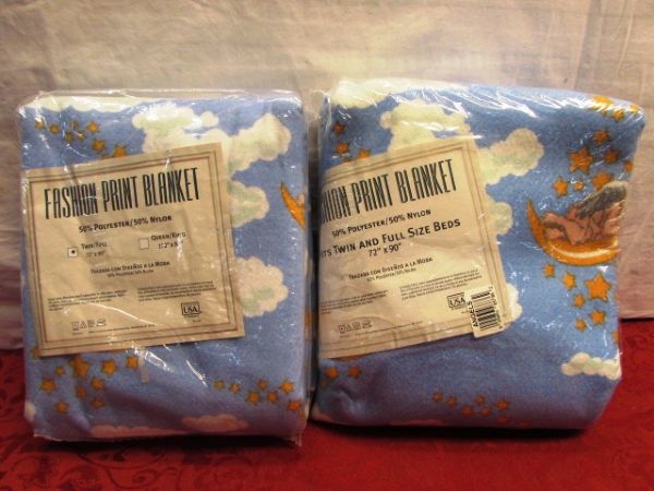 TWO NEW SO SOFT BLANKETS, A FLEECE THROW & TWO SETS OF WOODEN BLOCKS