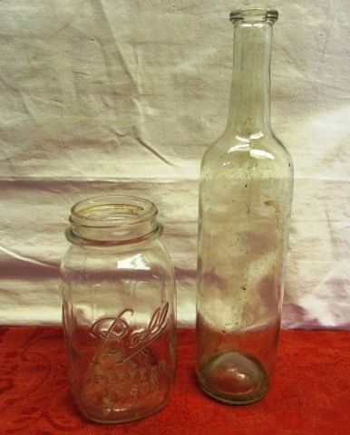 VINTAGE GLASS JARS & MORE - THREE WIDE MOUTH GALLON JARS, A GALLON JUG, A BALL JAR & A VINTAGE WINE BOTTLE