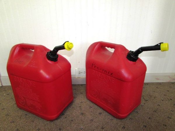 TWO BLITZ 5 GALLON GAS CANS WITH EASY POUR SPOUTS 