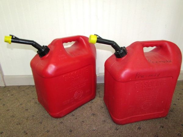 TWO BLITZ 5 GALLON GAS CANS WITH EASY POUR SPOUTS 